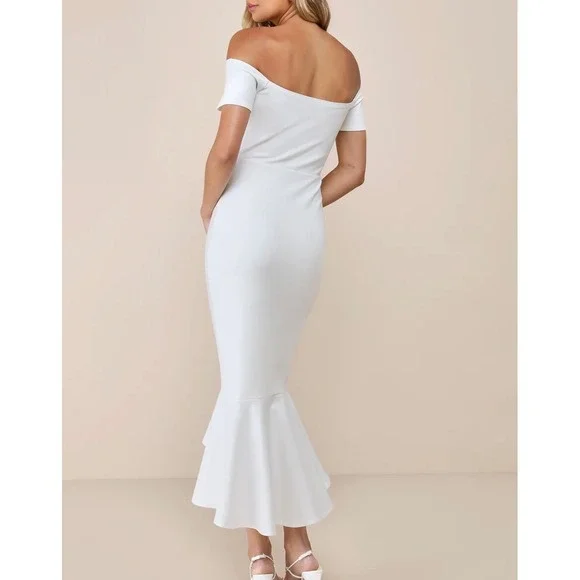 NWOT Lulus How Much I Care Ivory Off-the-Shoulder Midi Dress M Wedding Bridal - Picture 2 of 14